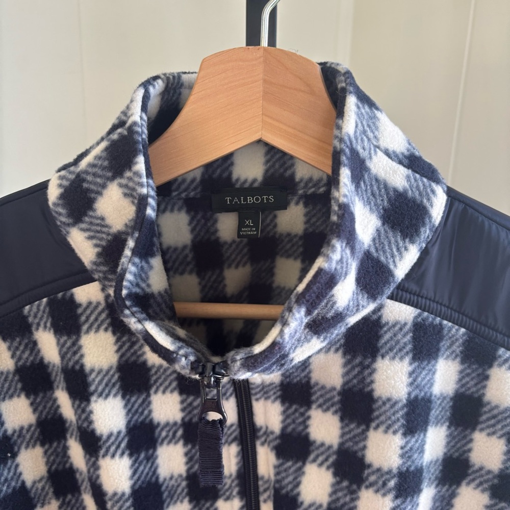 Talbots Women’s XL Blue Gingham Plaid Fleece 1/4 Zip Pullover with Shoulder Trim